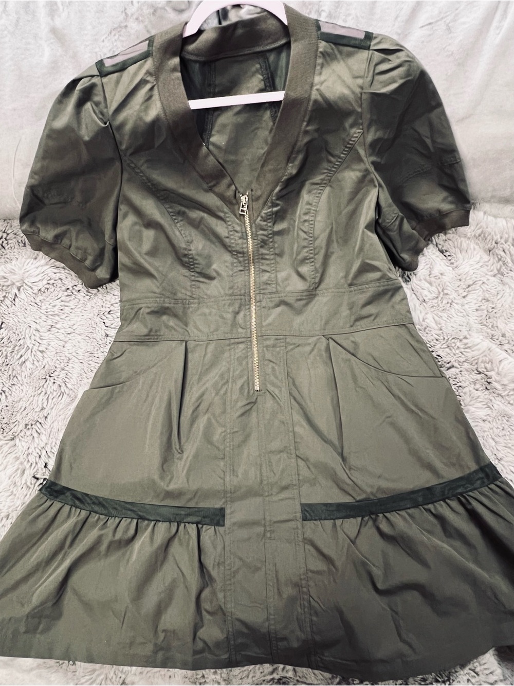 FISOME Olive Green Utility Bomber Mini Dress w/ Zipper